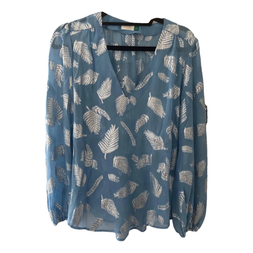 RIXO Sky Blue Blouse with White Leaf Pattern